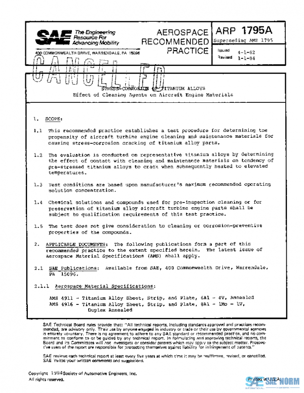SAE ARP1795A PDF SAE ARP1795A PDF