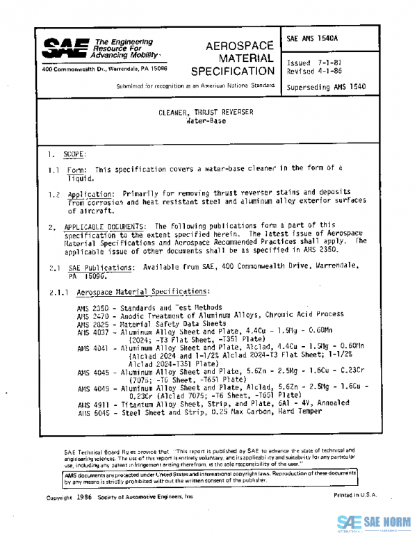 SAE AMS1540A PDF SAE AMS1540A PDF