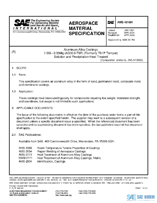SAE AMS4218H PDF SAE AMS4218H PDF