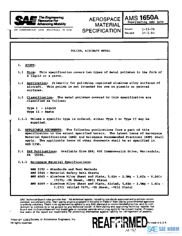 SAE AMS1650A PDF SAE AMS1650A PDF