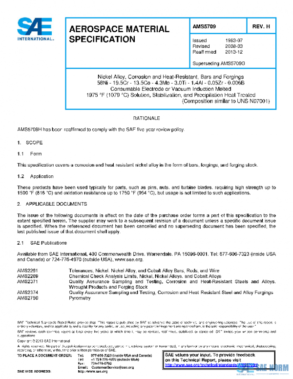 SAE AMS5709H PDF SAE AMS5709H PDF