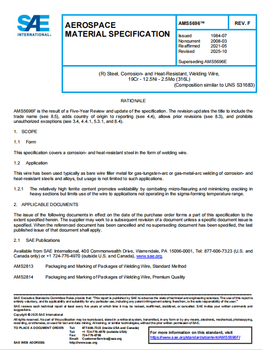 SAE AMS 5696F PDF 2025